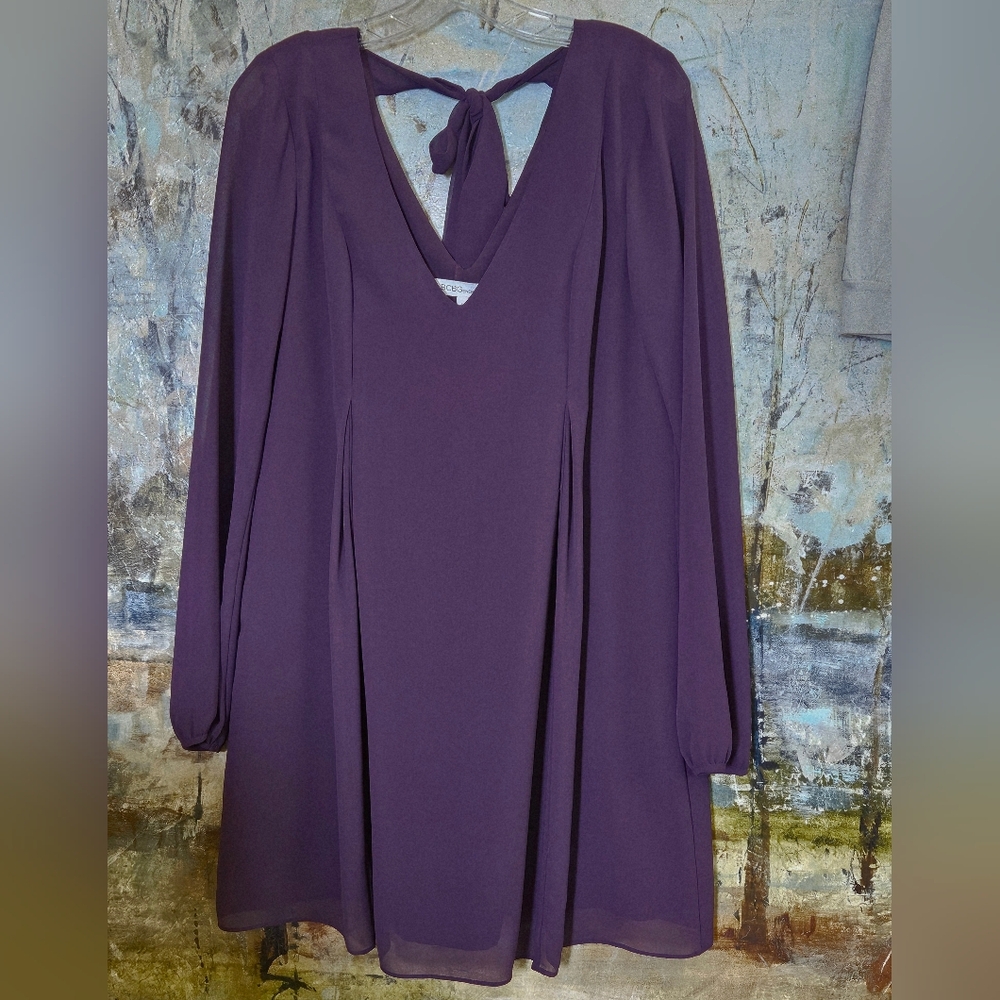 BCBGenerationPurple/Eggplant V-neck Long Sleeve Tie-Back Chiffon Shift Mini Dres